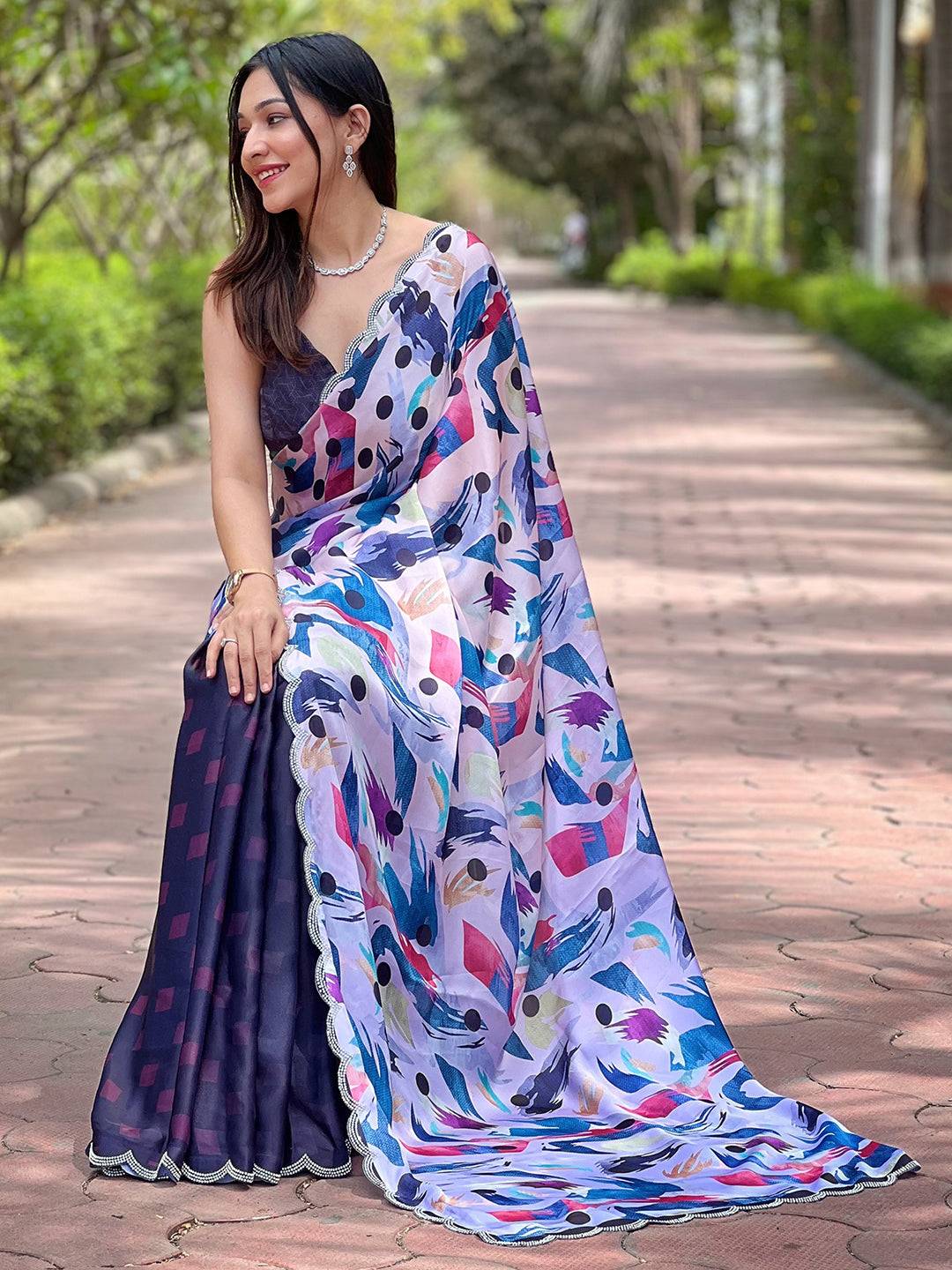 Navy Batik And Polka Dots Print Saree