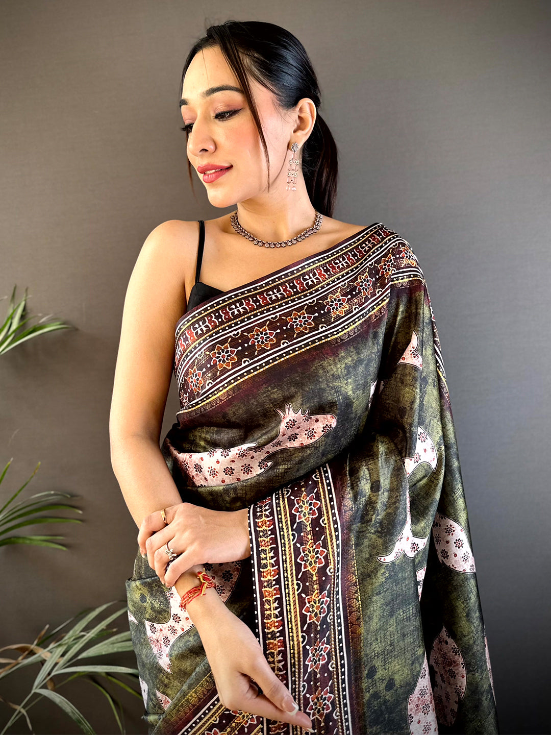 Dark Brown Soft Silk Fish Kalamkari Saree