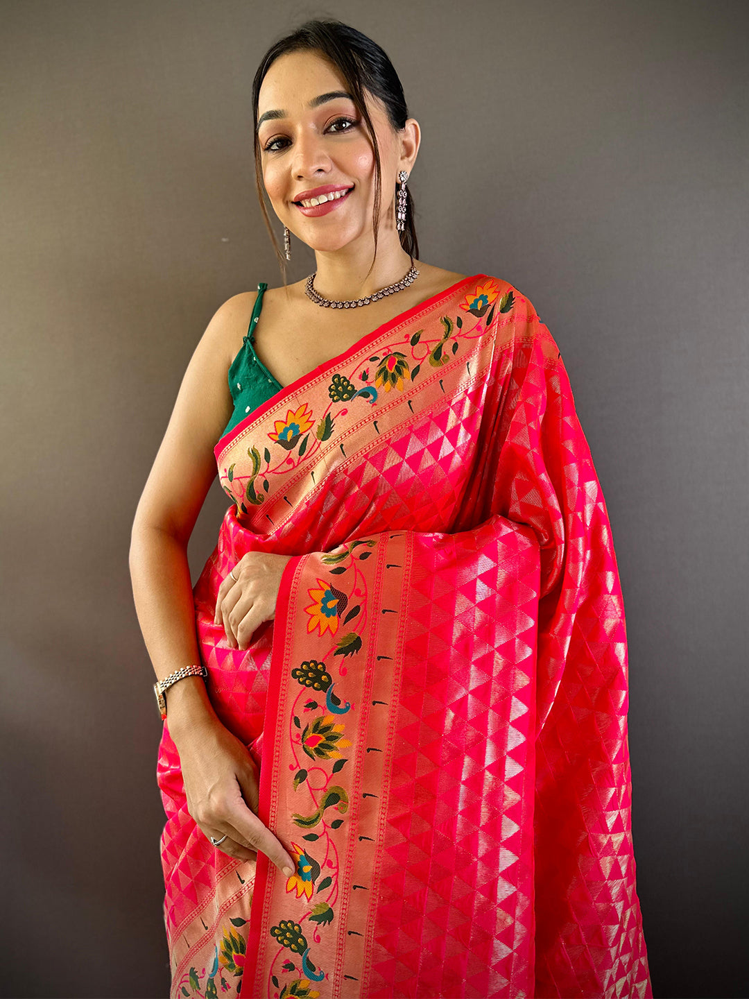 Pink Silk Blend Woven Zari Work Paithani Saree