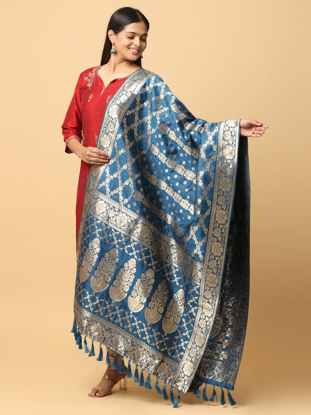 Opulent silk blend dupatta with detailed woven design.