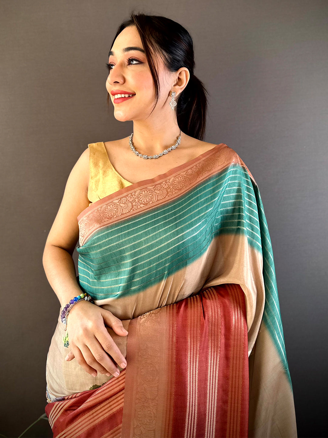 Teal Soft Crep Silk Ombre Print Saree