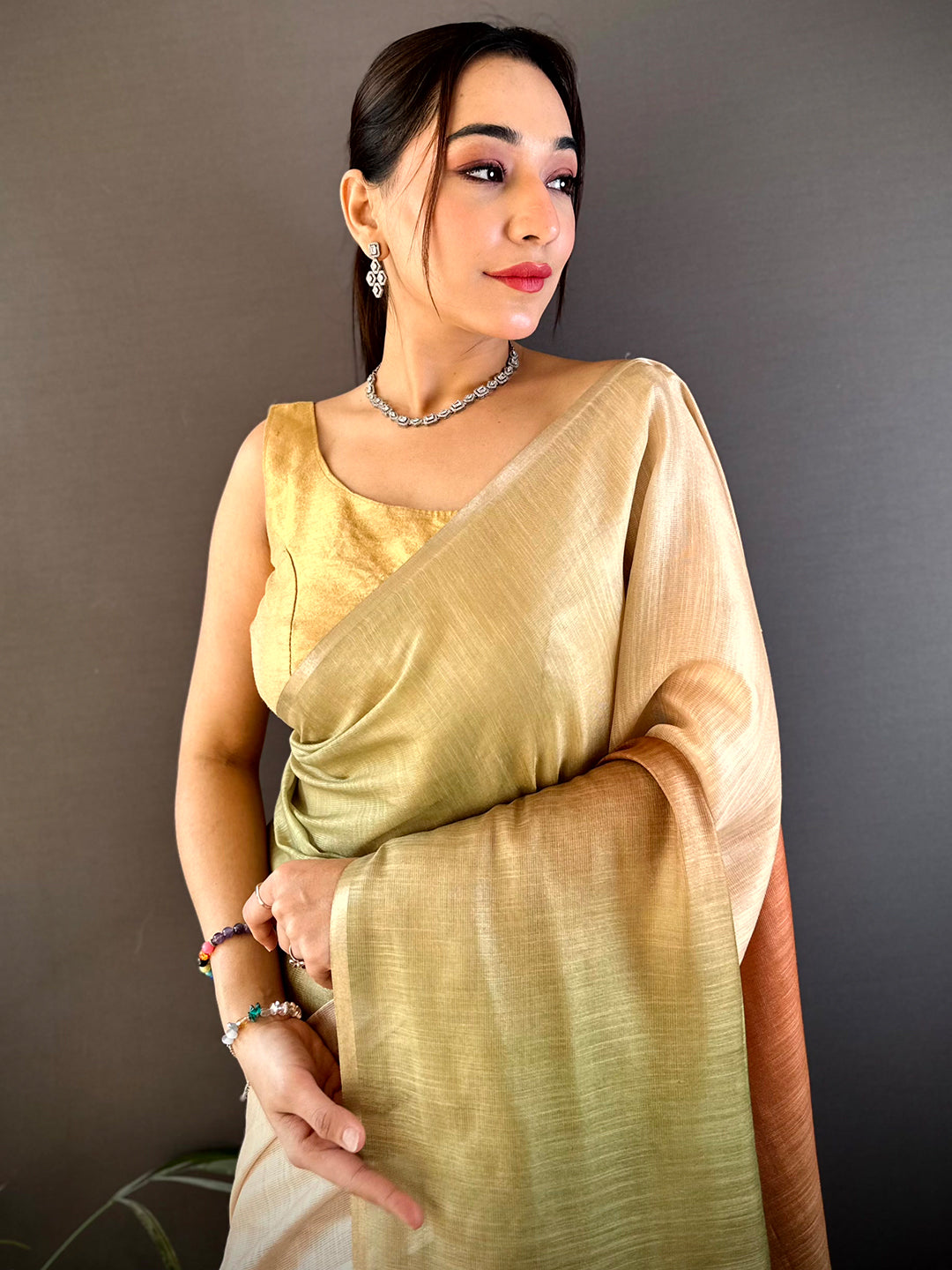 Beige Ombre Chanderi Tissue Saree