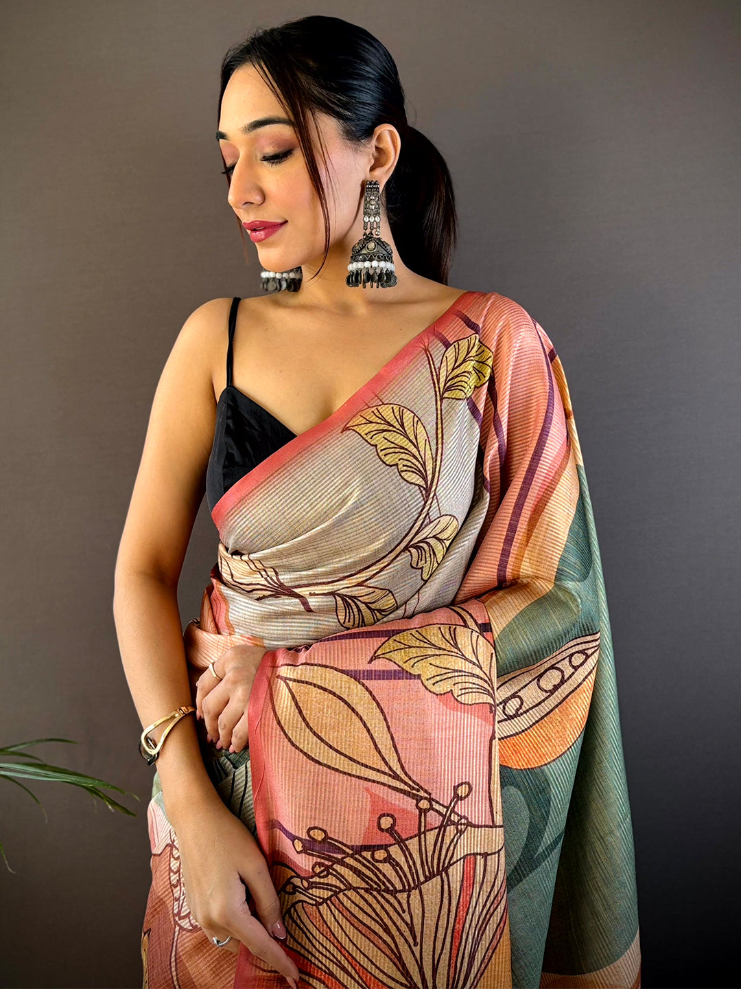 Rose Pink Zari Tussar Printed Saree with floral design