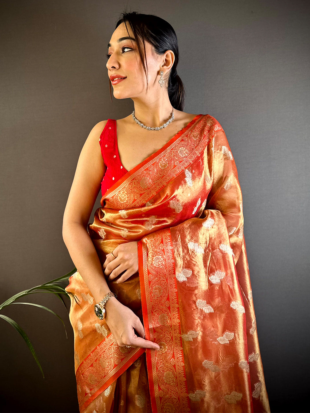 Vibrant Orange Kora Tissue Saree