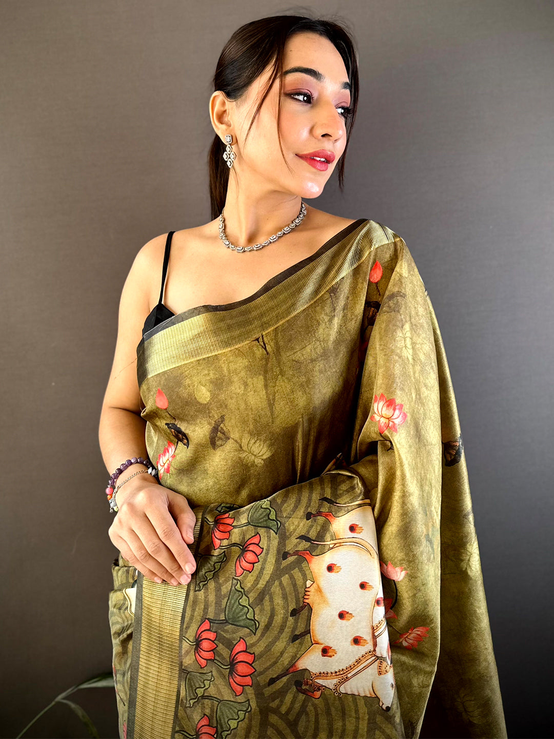 Olive Soft Silk Tissue Pichwai Print Saree