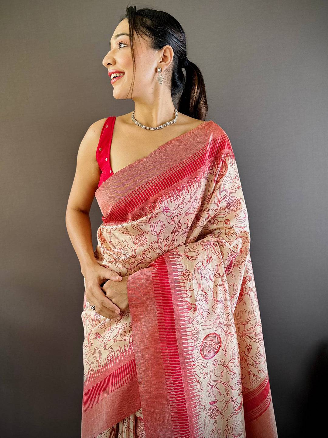 Red Floral Tussar Silk Saree