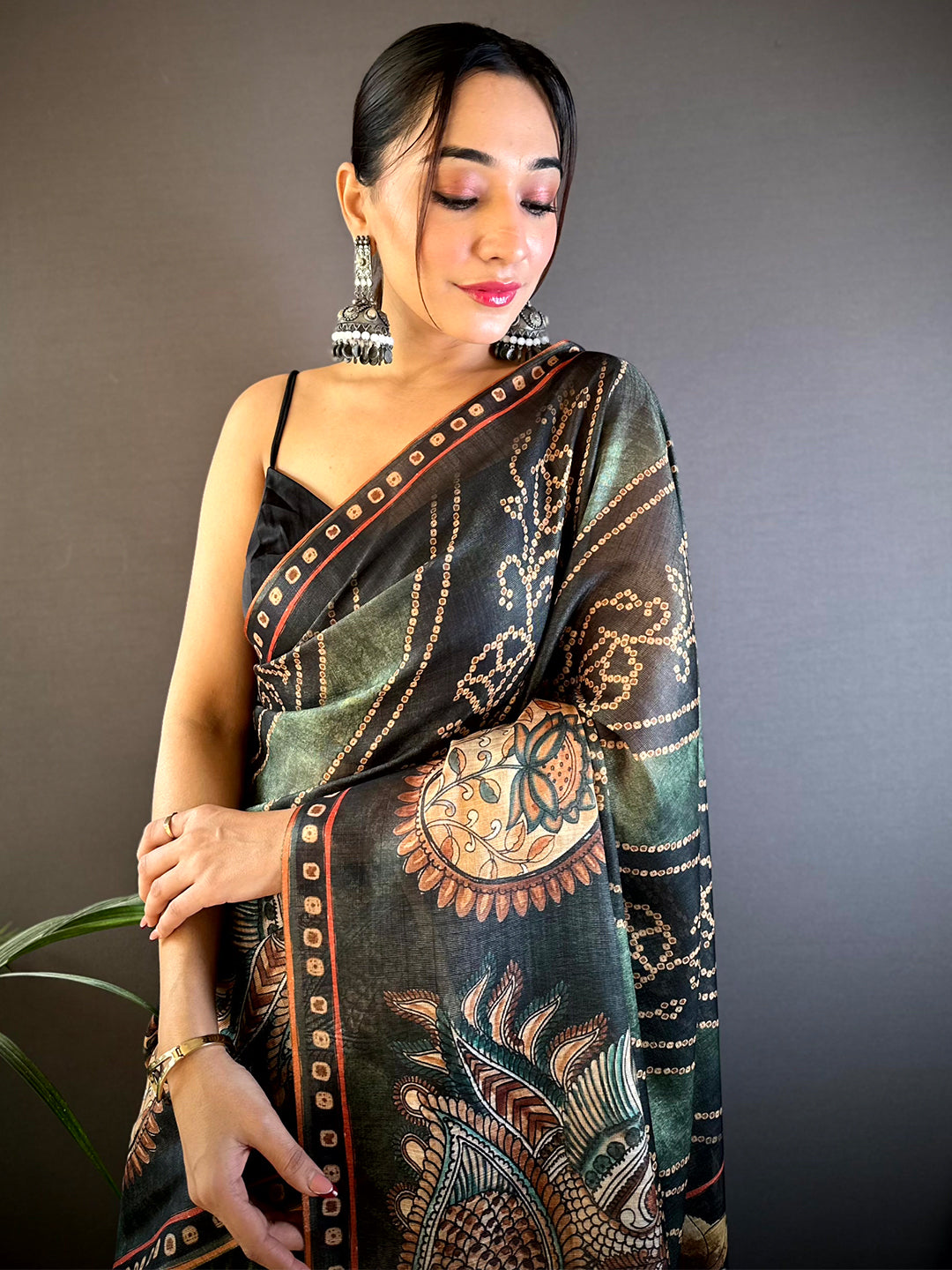 Green Bandhej Digital Print Saree