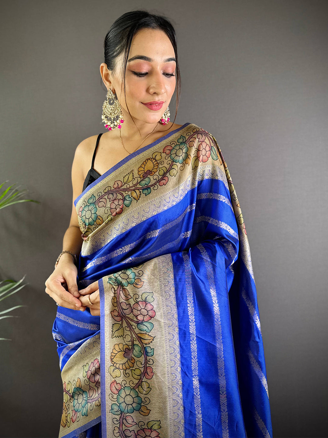 Blue Geometric Zari And Kalamkari Silk Saree