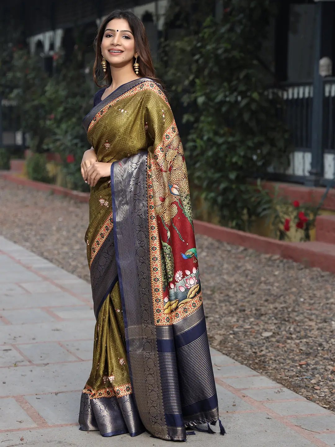  Olive Colour Viscose Dola Silk Saree with Pichwai Print