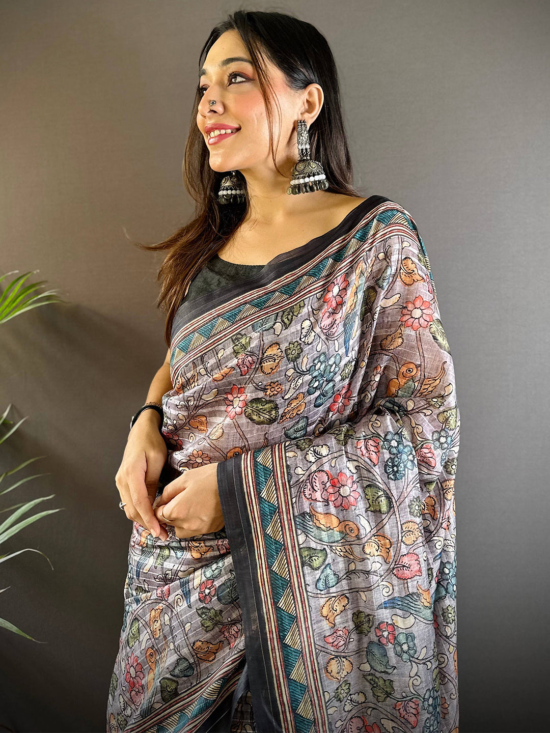 Grey Kalamkari Stripes Chanderi Saree