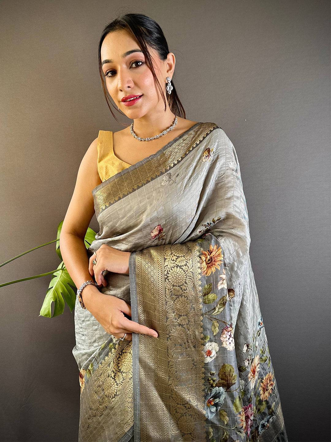 Grey Floral Zari Chex Saree