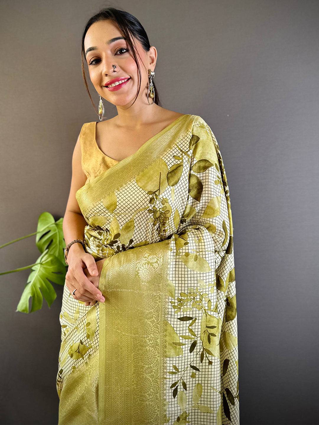 Leaf And Check Olive Viscose Saree