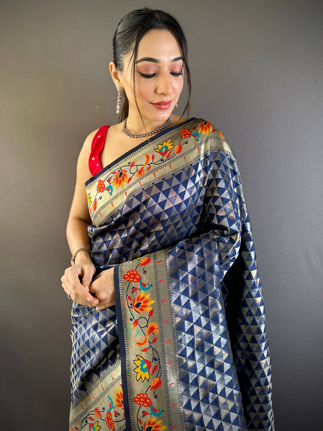 Navy Silk Blend Woven Zari Work Paithani Saree