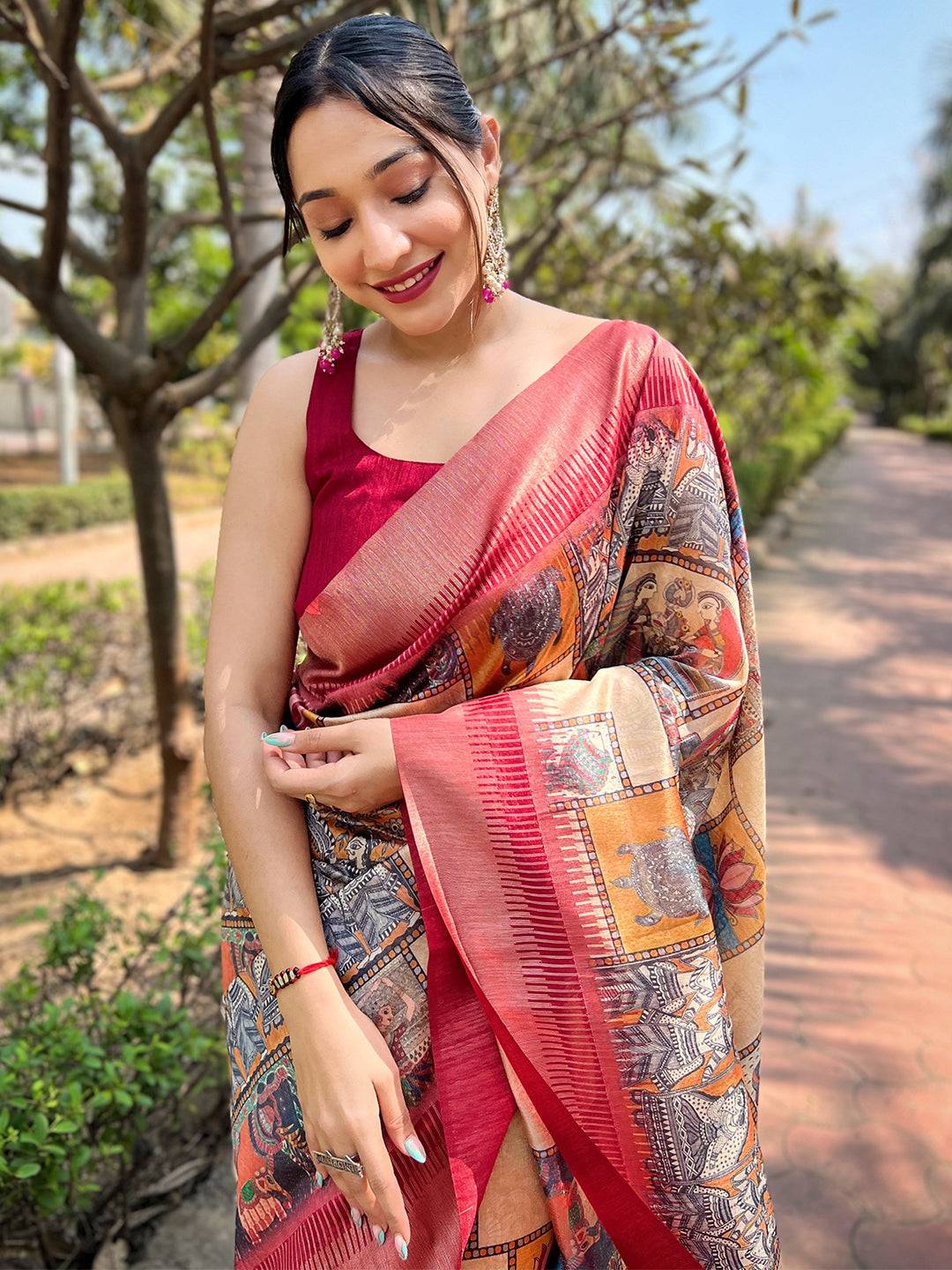 Smiling woman in Madhubani Kalamkari Block Print Saree