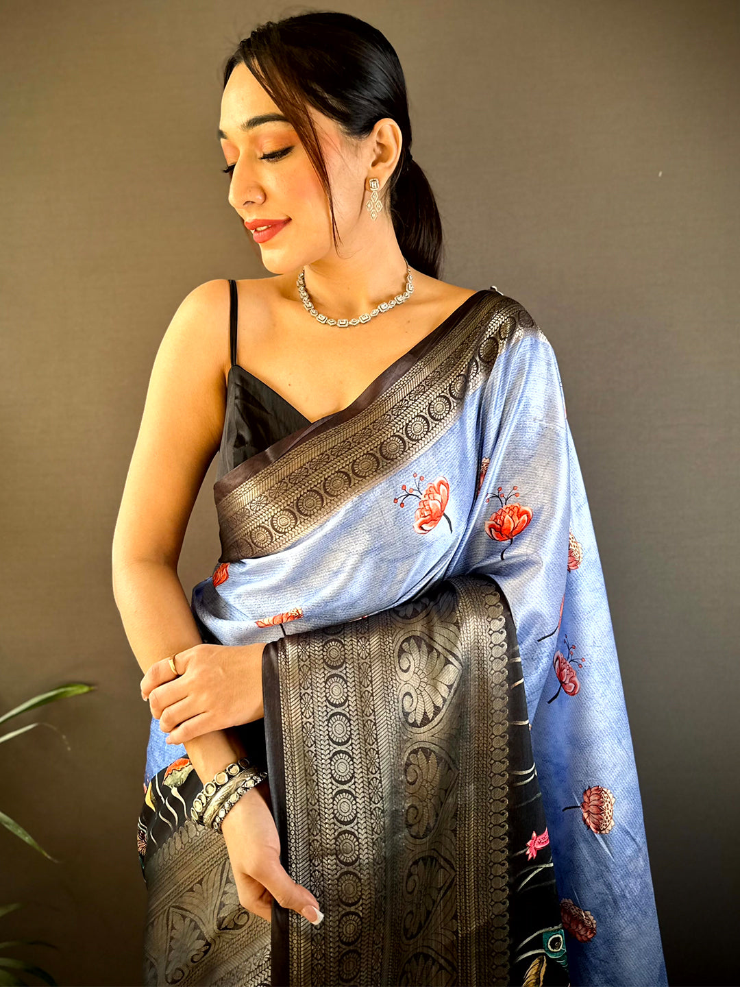 Serene Blue Soft Silk Floral Ombre Print Saree