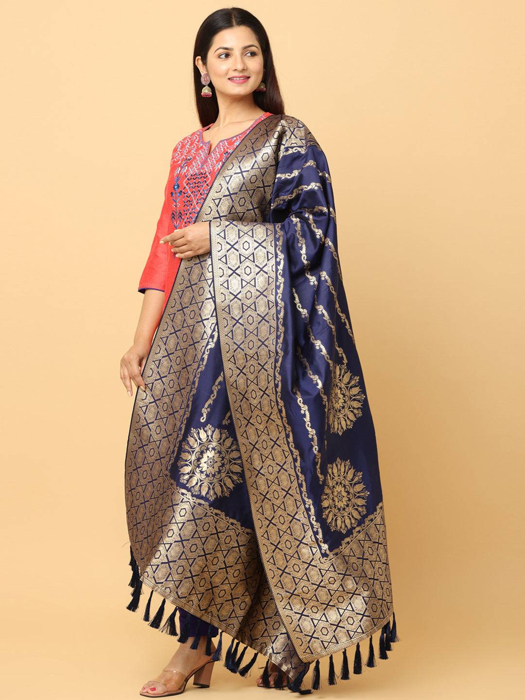 Model showcasing navy silk blend dupatta with gold motifs.