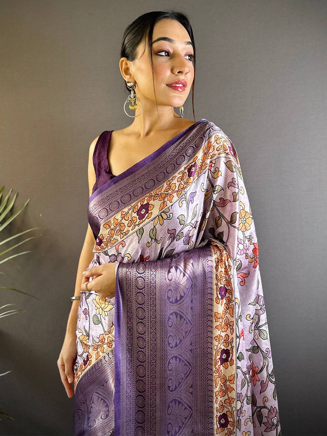 Lilac Floral Kalamkari Print Saree