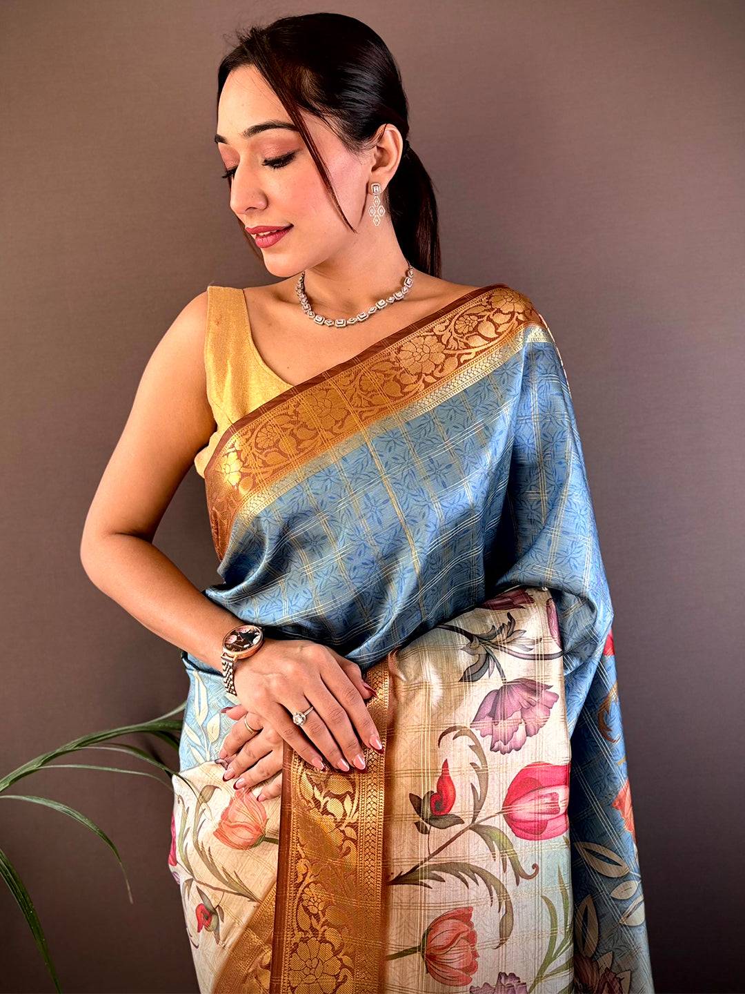 Sky Blue Ombre Floral Digital Print Saree