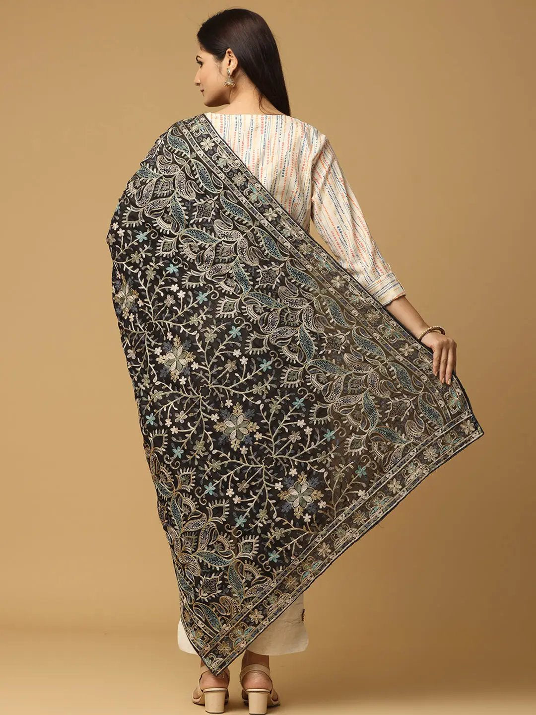 Back view of black chiffon dupatta showcasing detailed embroidery