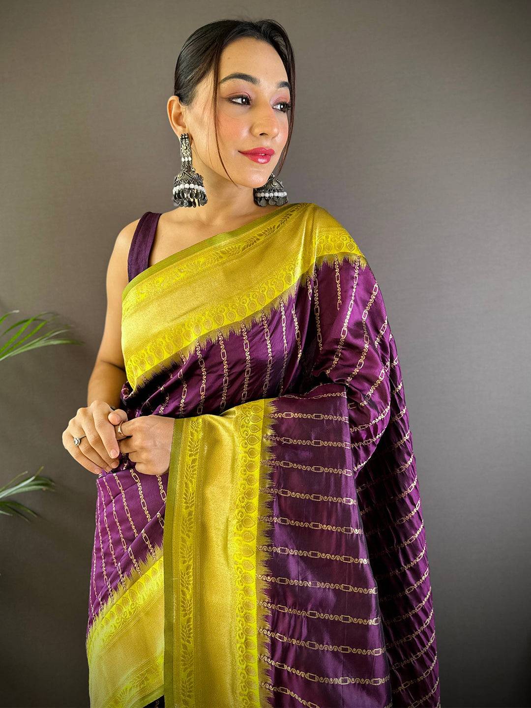 Wine Elegance With Golden Chain Motifs Saree