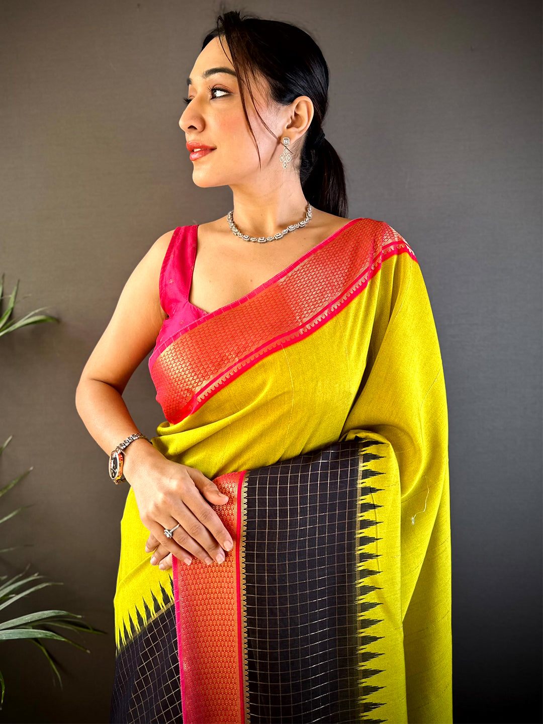 Lemon Yellow Zari Pallu Cotton Viscose Saree