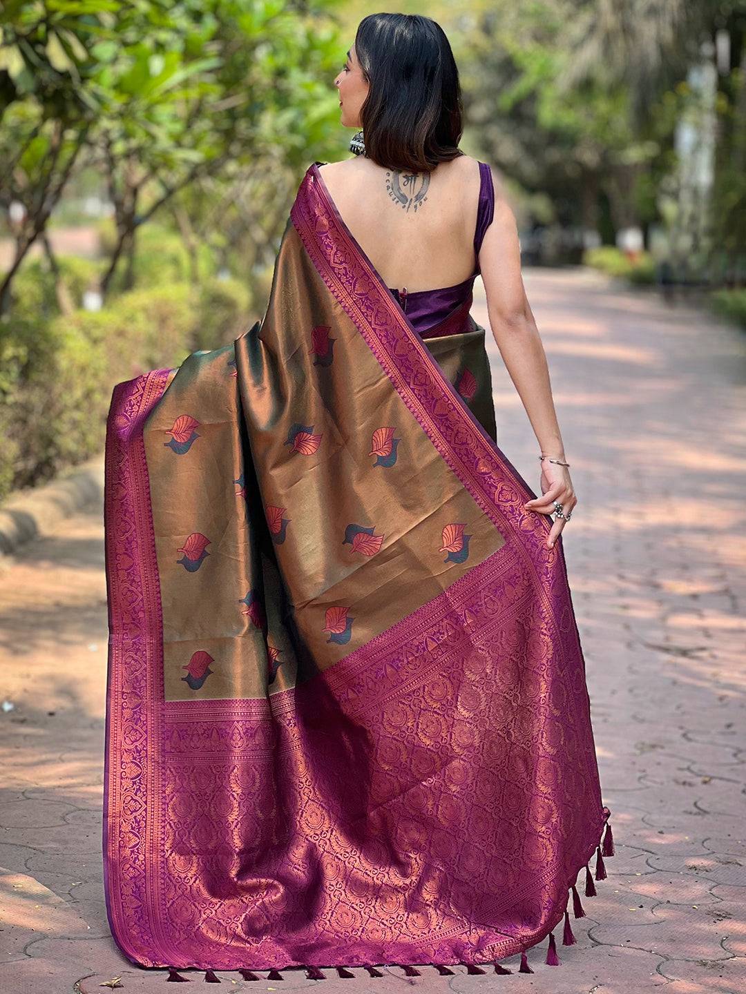 Back view of Midium Bronze Kanjivaram Saree with detailed gold zari design.