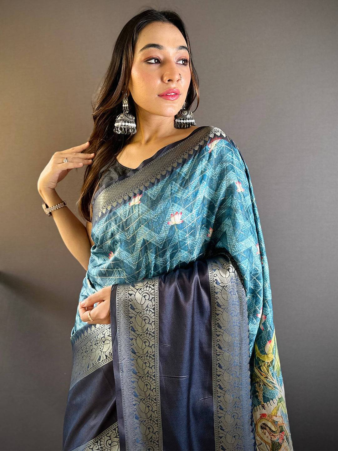 Teal Banarasi Pichwai Print Saree