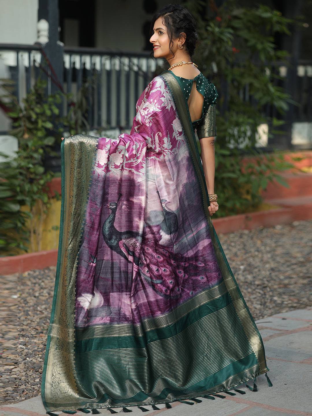 Viscose Dola Silk Purple Saree with Floral and Mughal Print