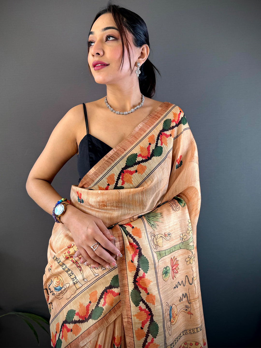 Beige Jungle Floral Zari Tissue Saree