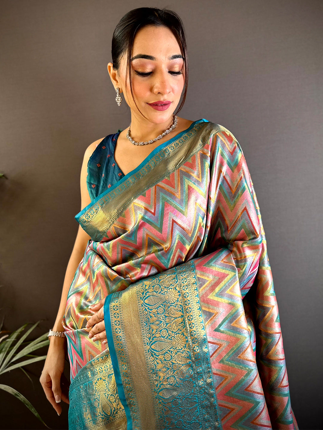 Radiant Rama Zigzag Dharmavaram Silk Saree