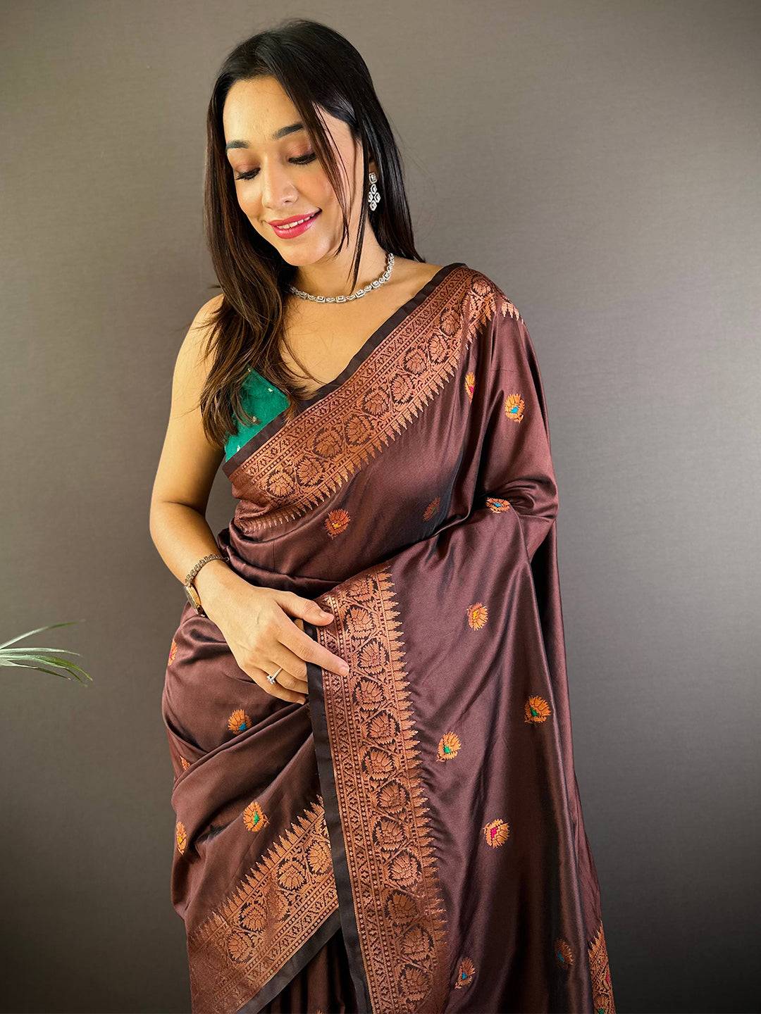 Brown Soft Silk Coppar Zari Weaving Saree