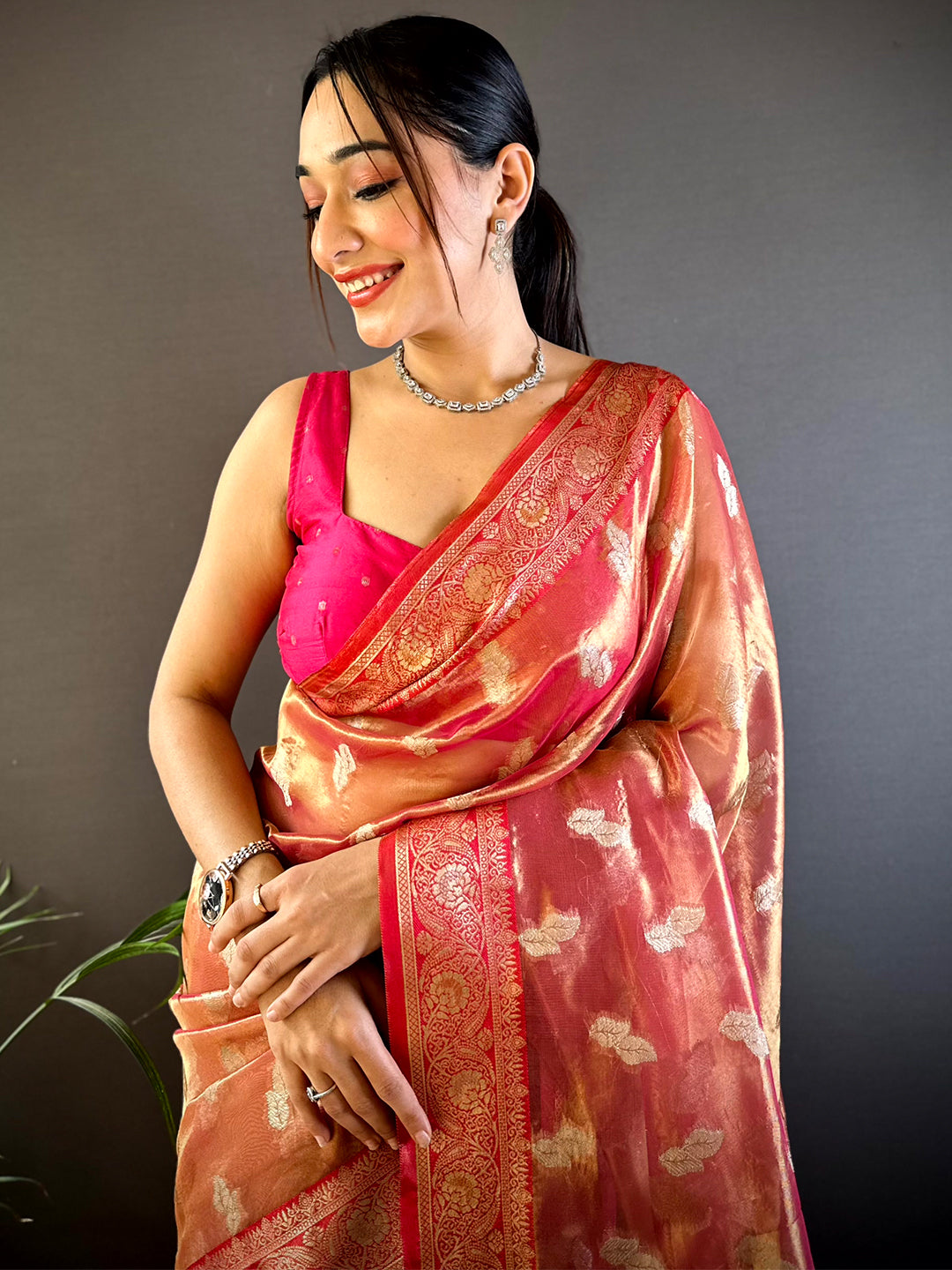 Radiant Red Kora Tissue Saree