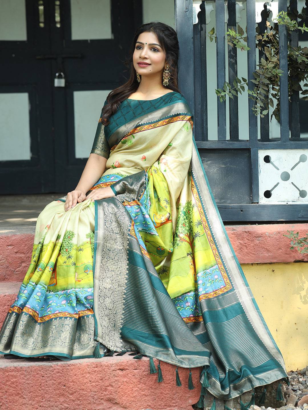 Pichwai Print Zari Weaving Pallu Saree In Pista Colour