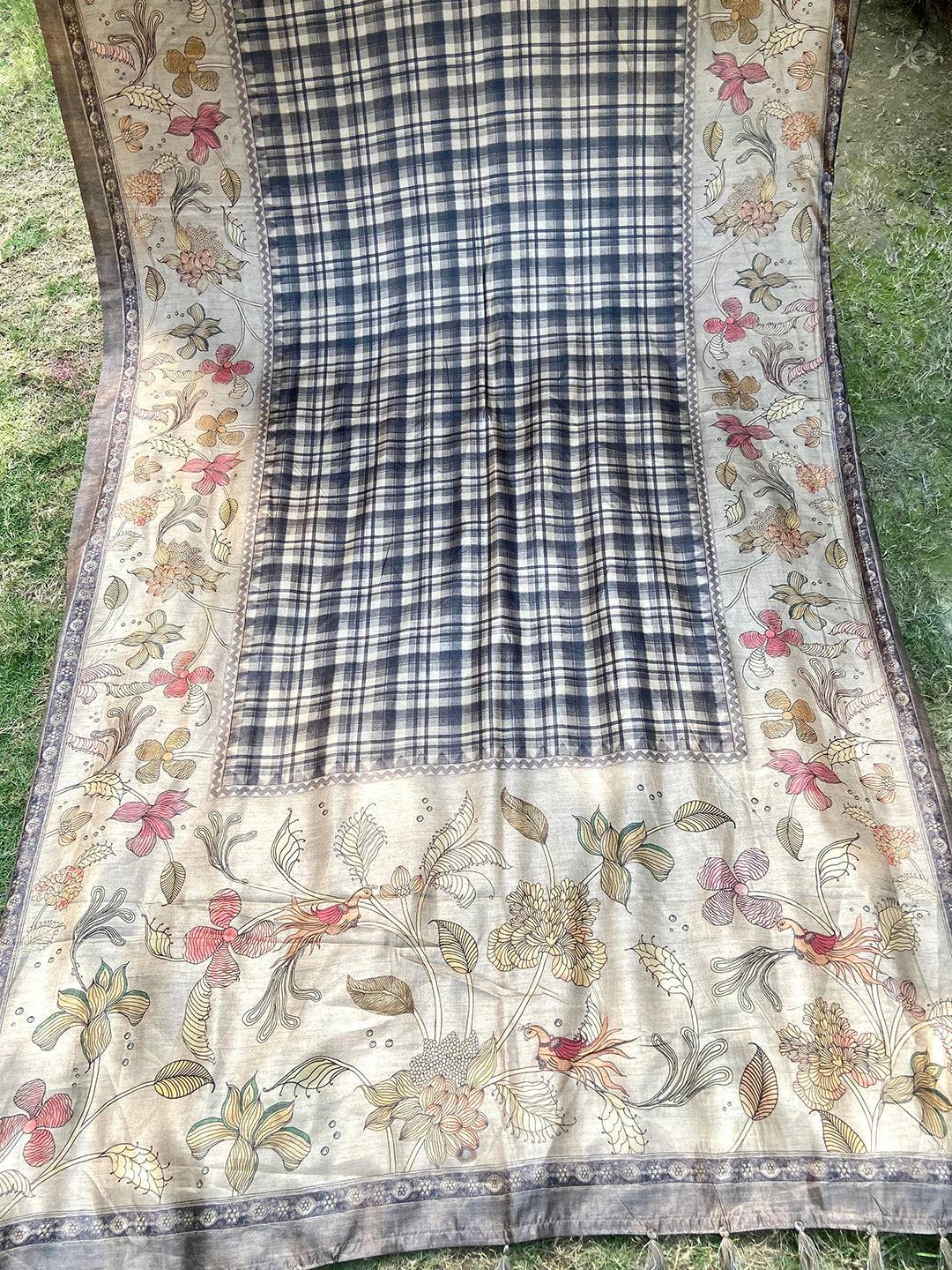 Full View of Grey Tussar Silk Saree with Kalamkari Art