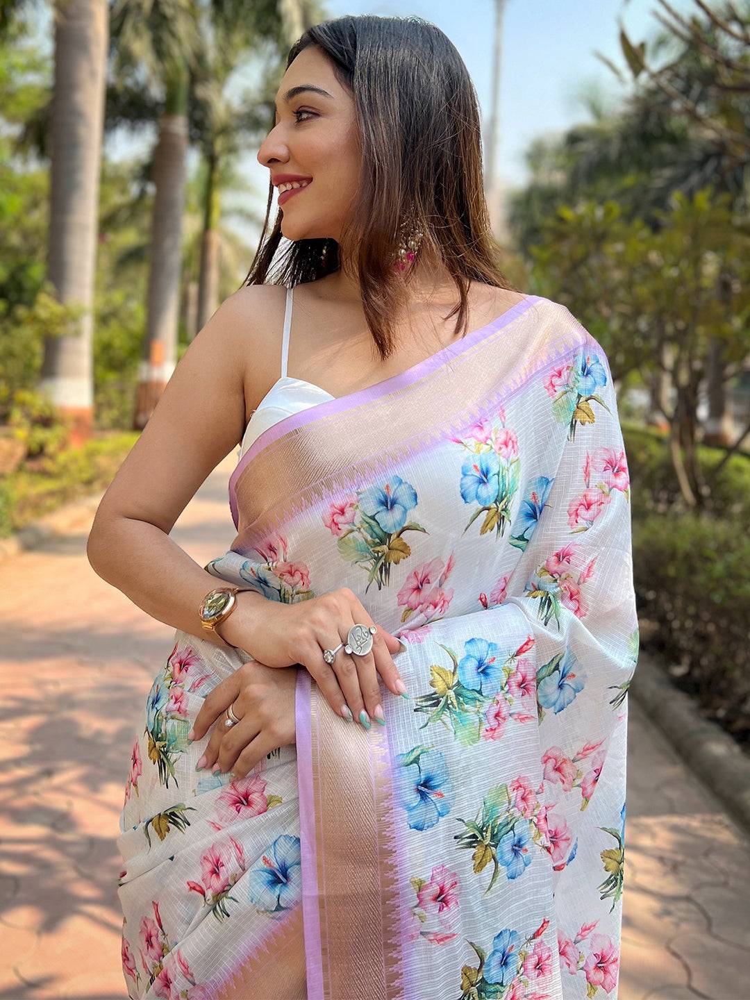 Lavender Kota With Digital Floral Printed Saree