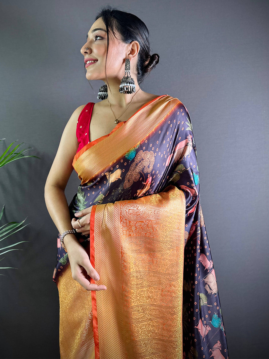 Wine Satin Pichwai Print Saree