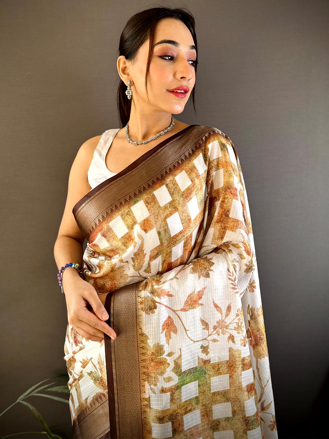 Coffee Brown Kota Doriya Floral Print Saree