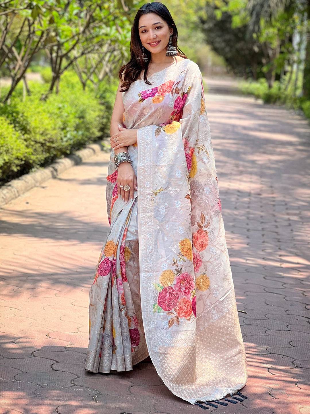 Grey Lakhnavi Bandla Zari Weaving Saree