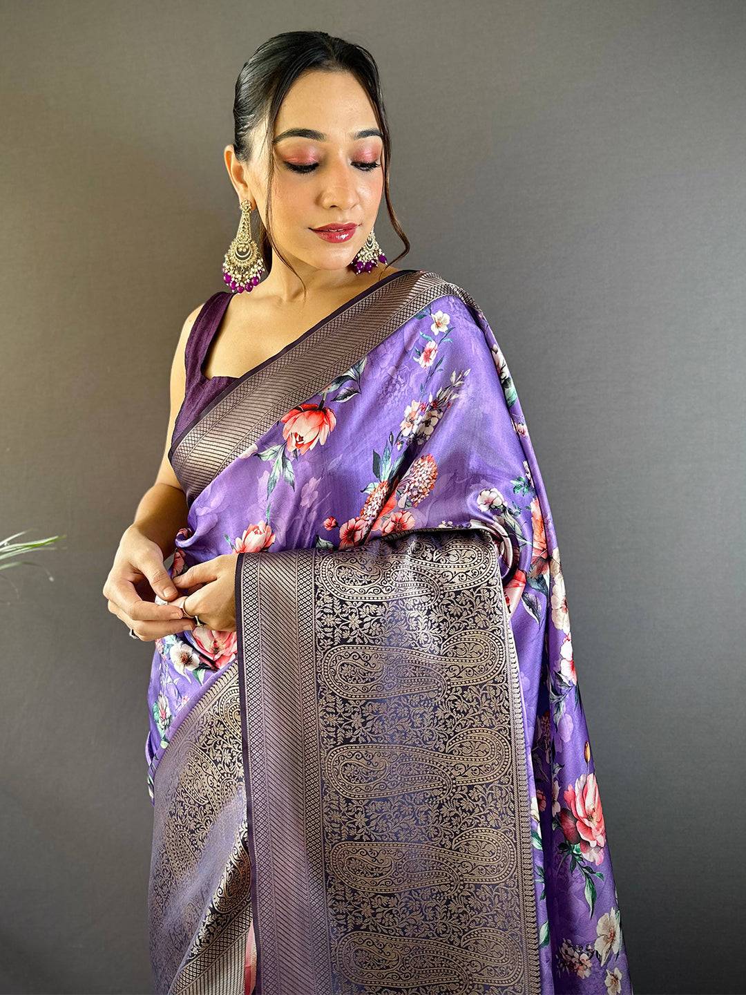 Purple Satin Silk Floral Print Saree