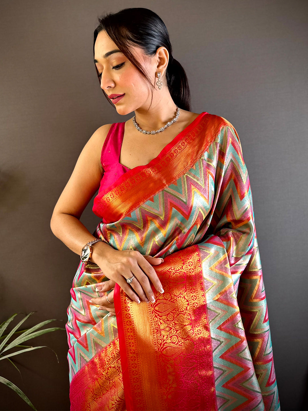 Vibrant Pink Zigzag Dharmavaram Silk Saree