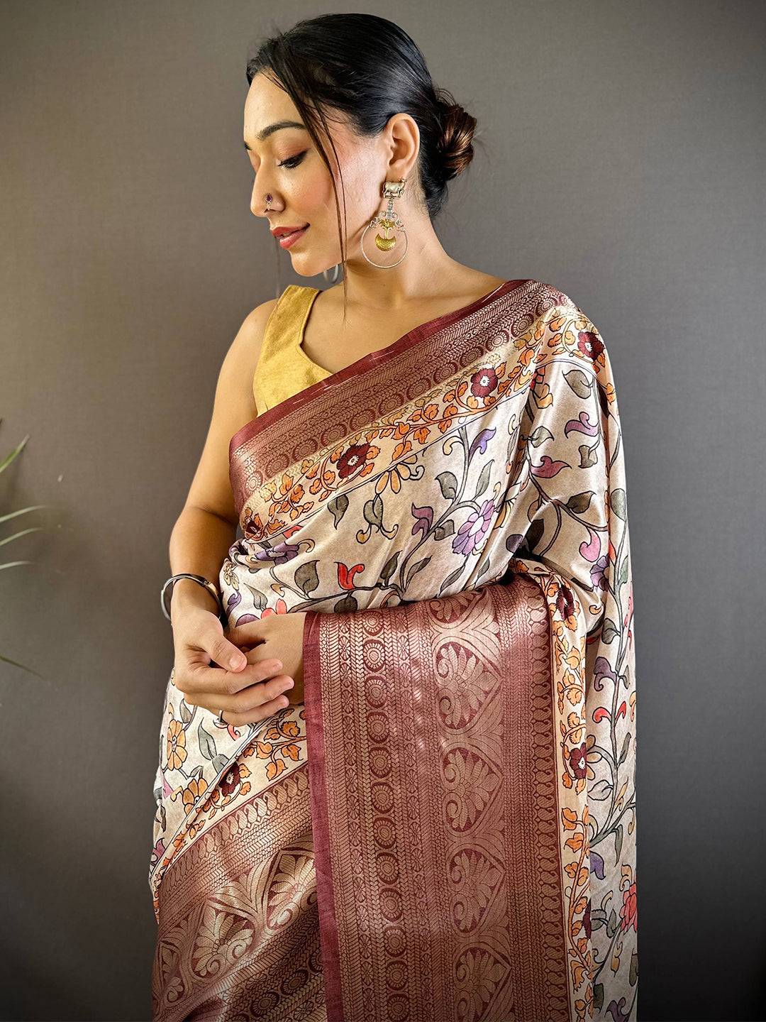 Beige Floral Kalamkari Print Saree