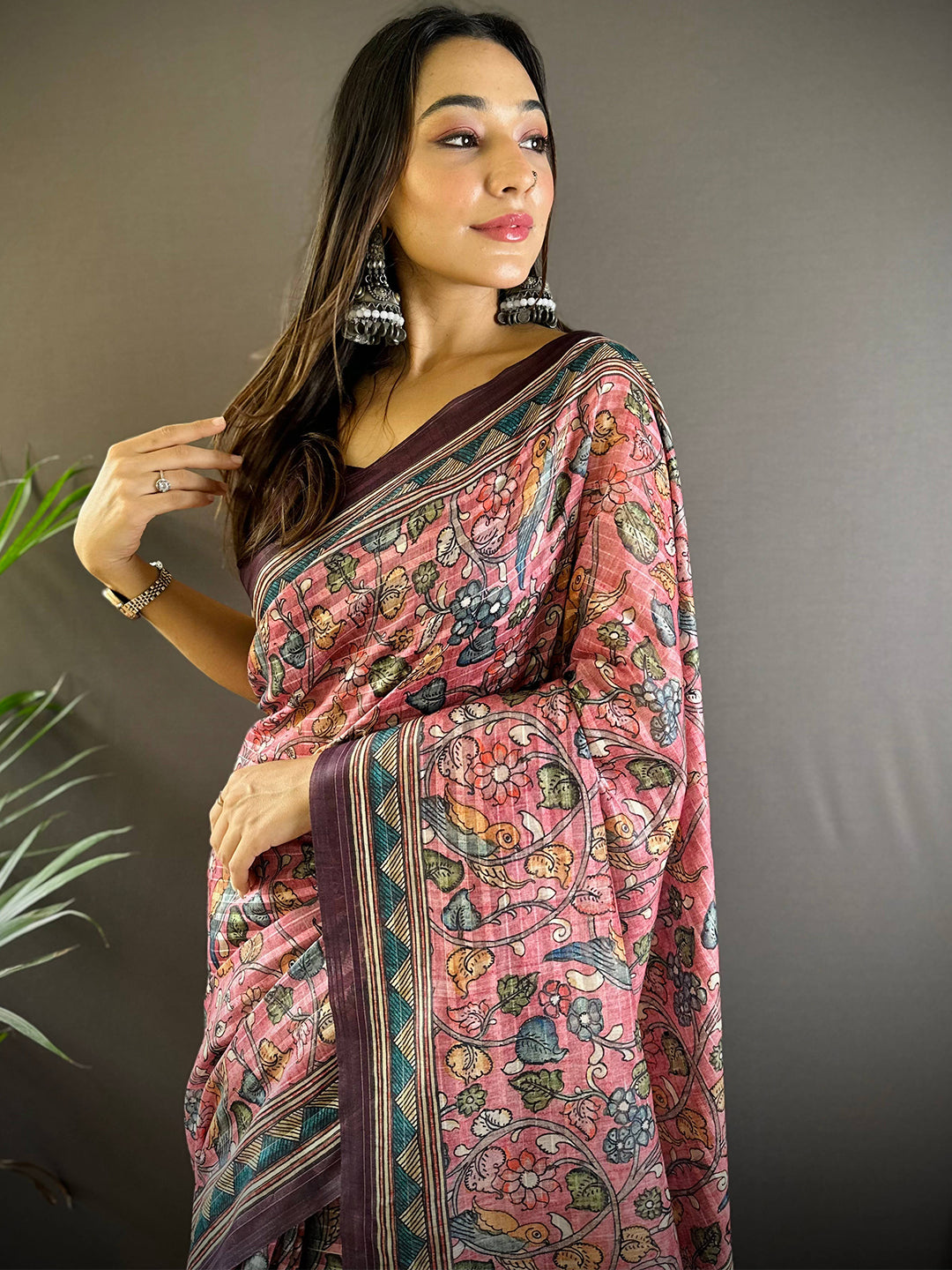 Pink Kalamkari Stripes Chanderi Saree