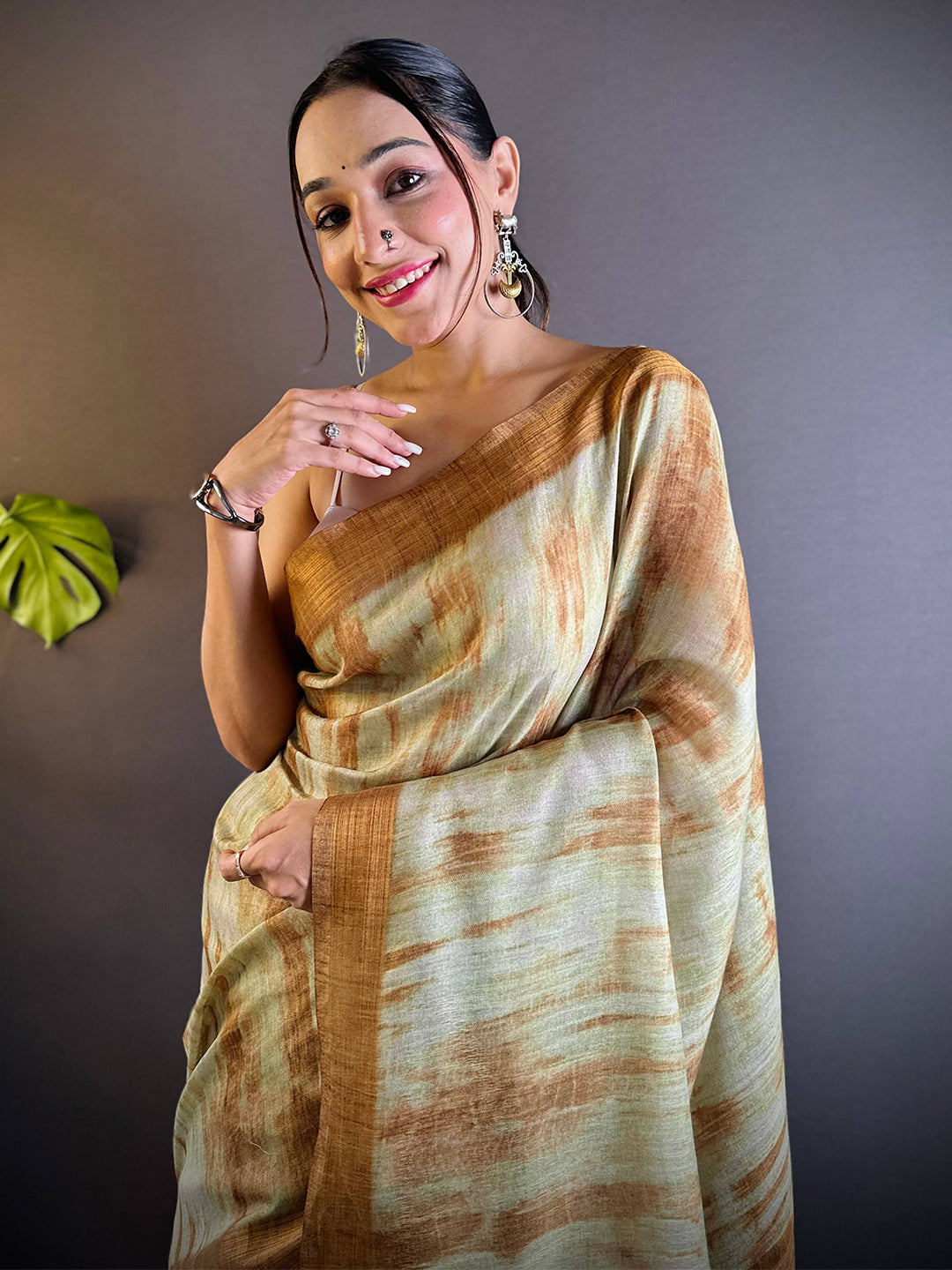 Dusty Green Shibori Print Linen Saree