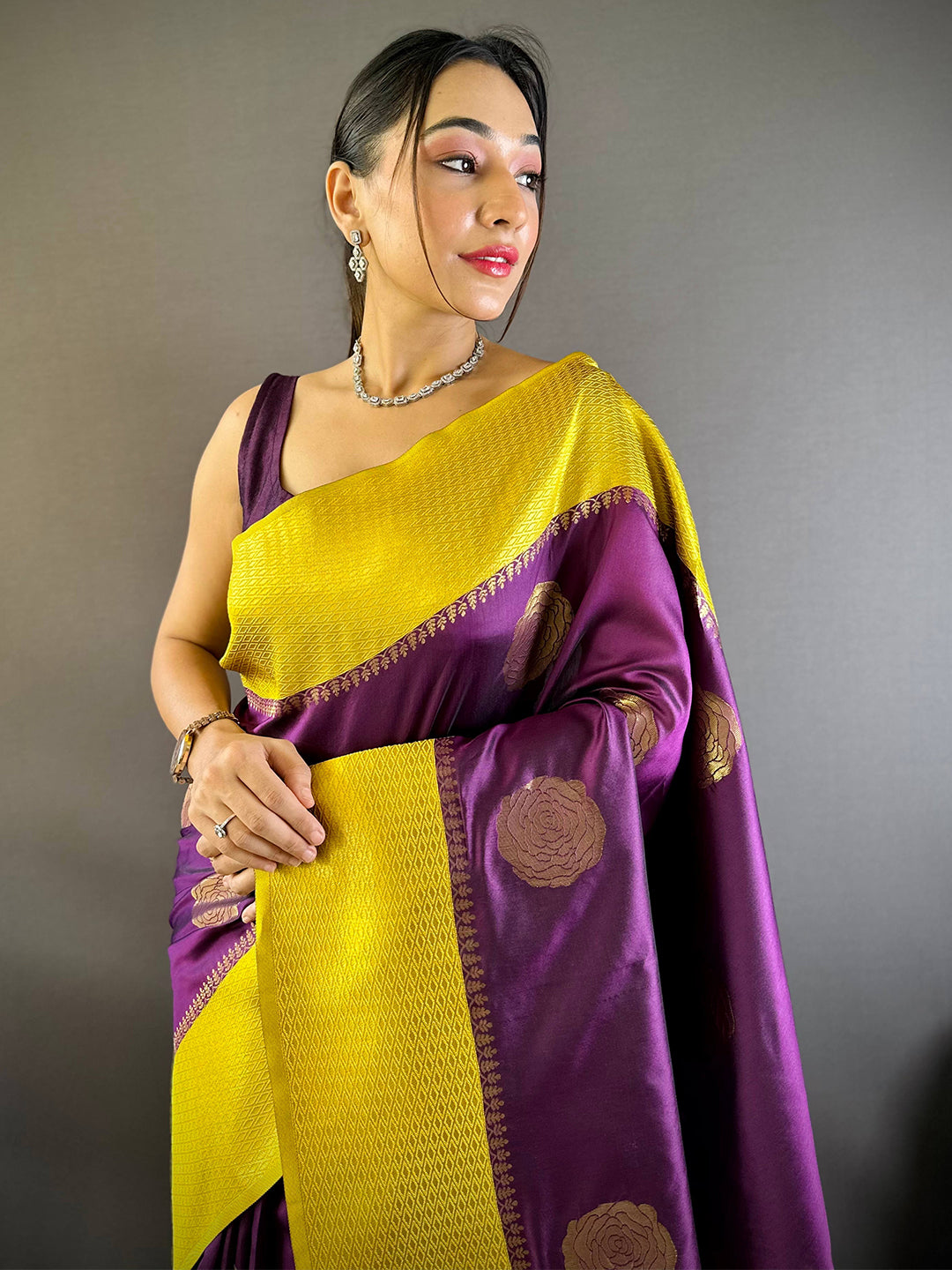 Wine Elegance With Golden Motifs Saree