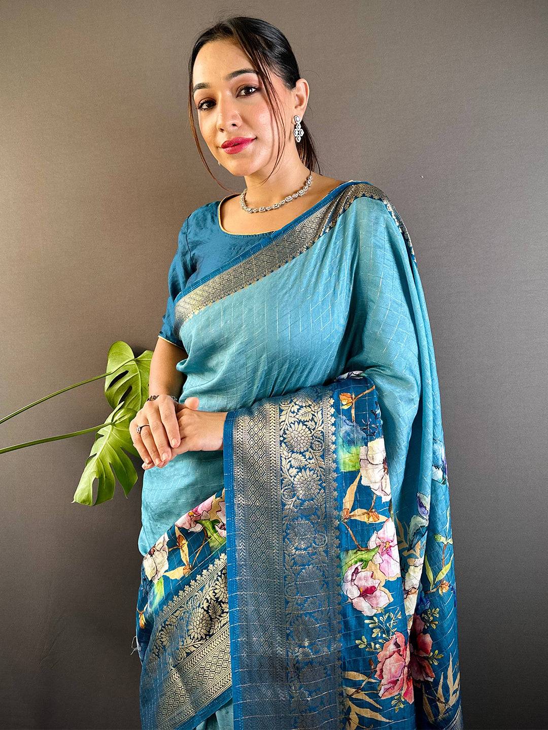 Blue Floral Zari Chex Saree