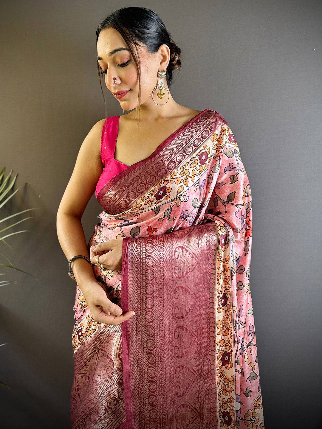 Rose Pink Floral Kalamkari Print Saree