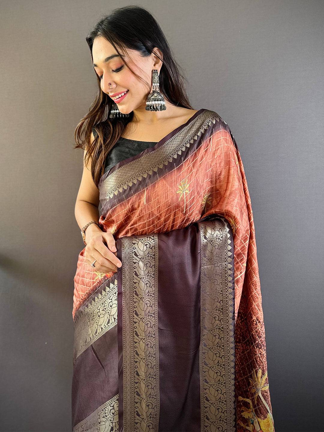 Rust Banarasi Pichwai Print Saree