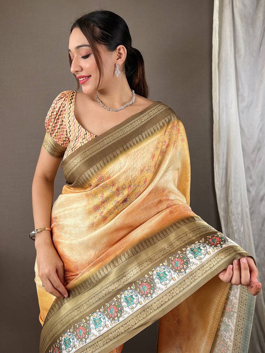 Mellow Yellow Kota Satin Border Saree with intricate design