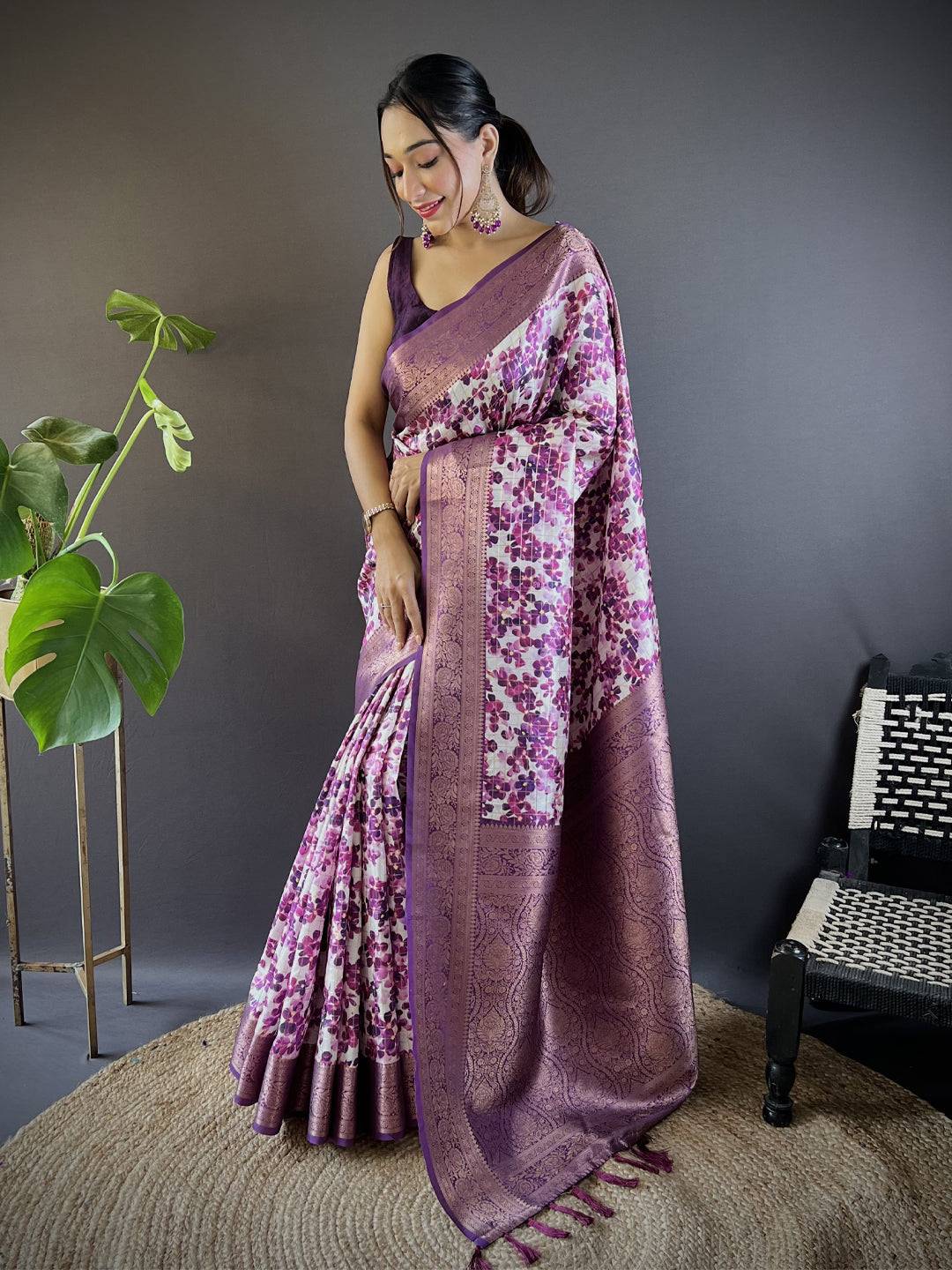 Radiant in Wine Floral Print Saree