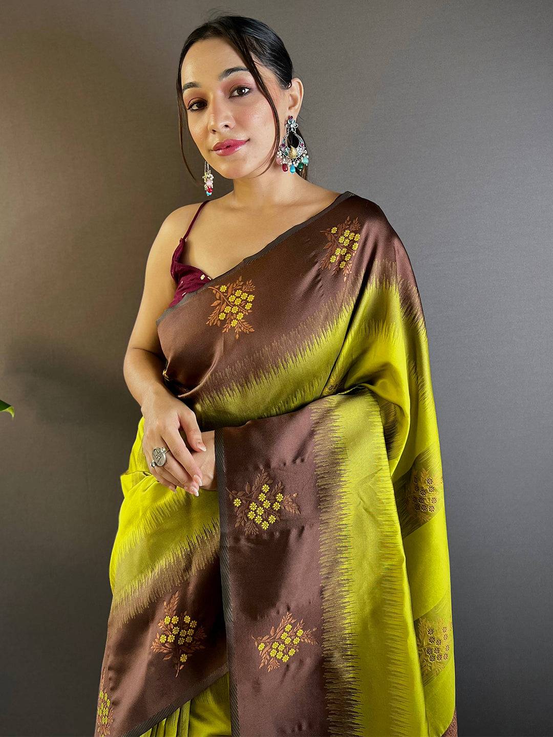 Model wearing Green Sami Banarasi Tussar Silk Saree